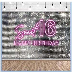 Sweet 16 Birthday Backdrop Banner Pink and Silver 5’x7’ Party Photo Backdrop